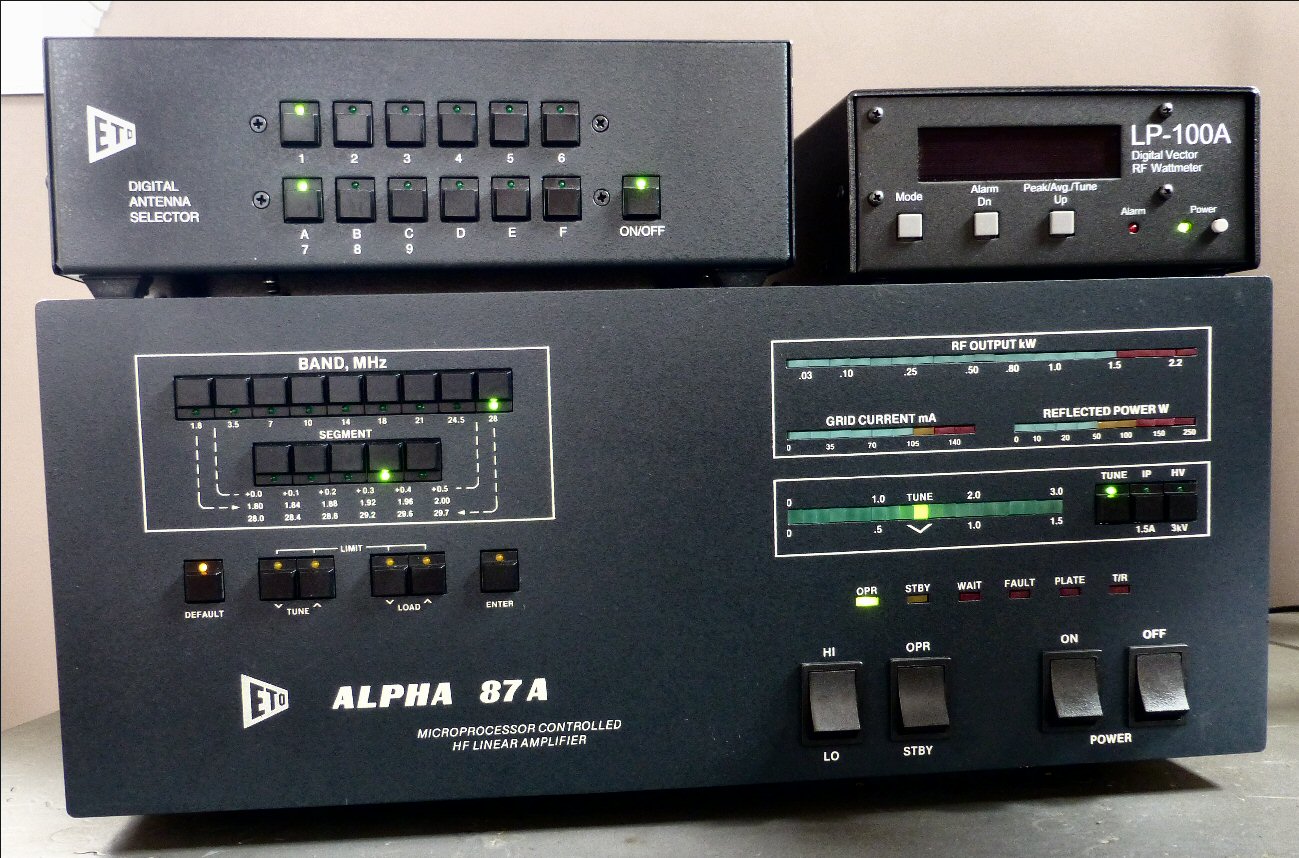Alpha Digital Antenna Selector atop Alpha 87A linear amplifier